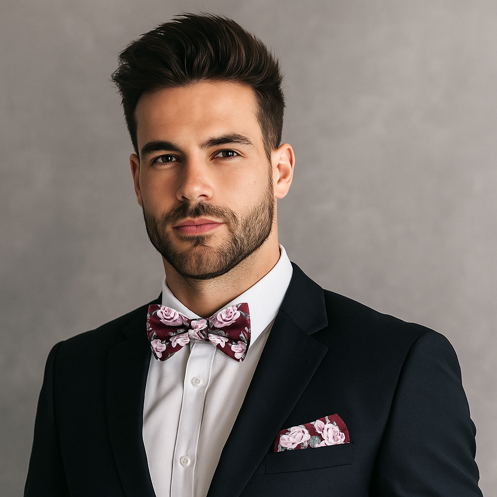 Man wearing a black suit with a white shirt, deep red floral bow tie, and matching pocket square against a gray background.
