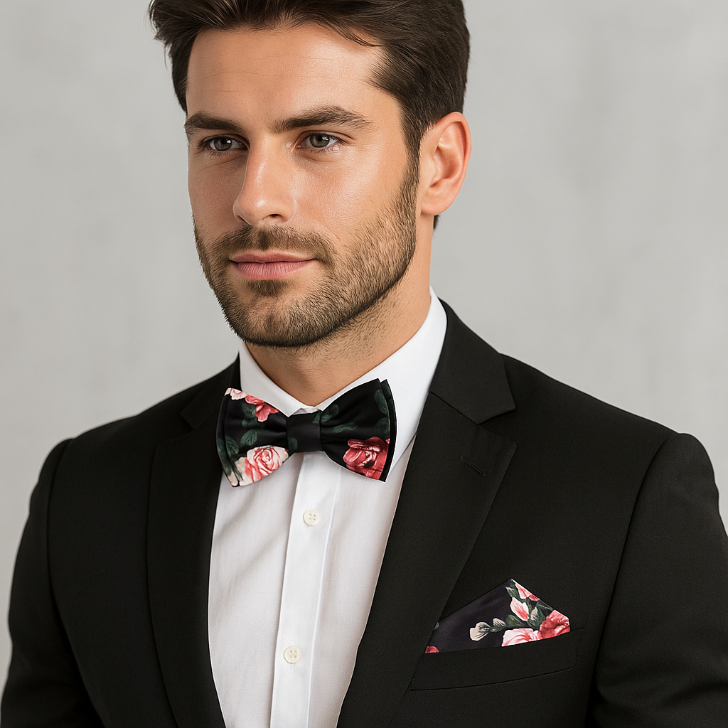 Man wearing a black suit with a black and red floral bow tie and pocket square on a gray background