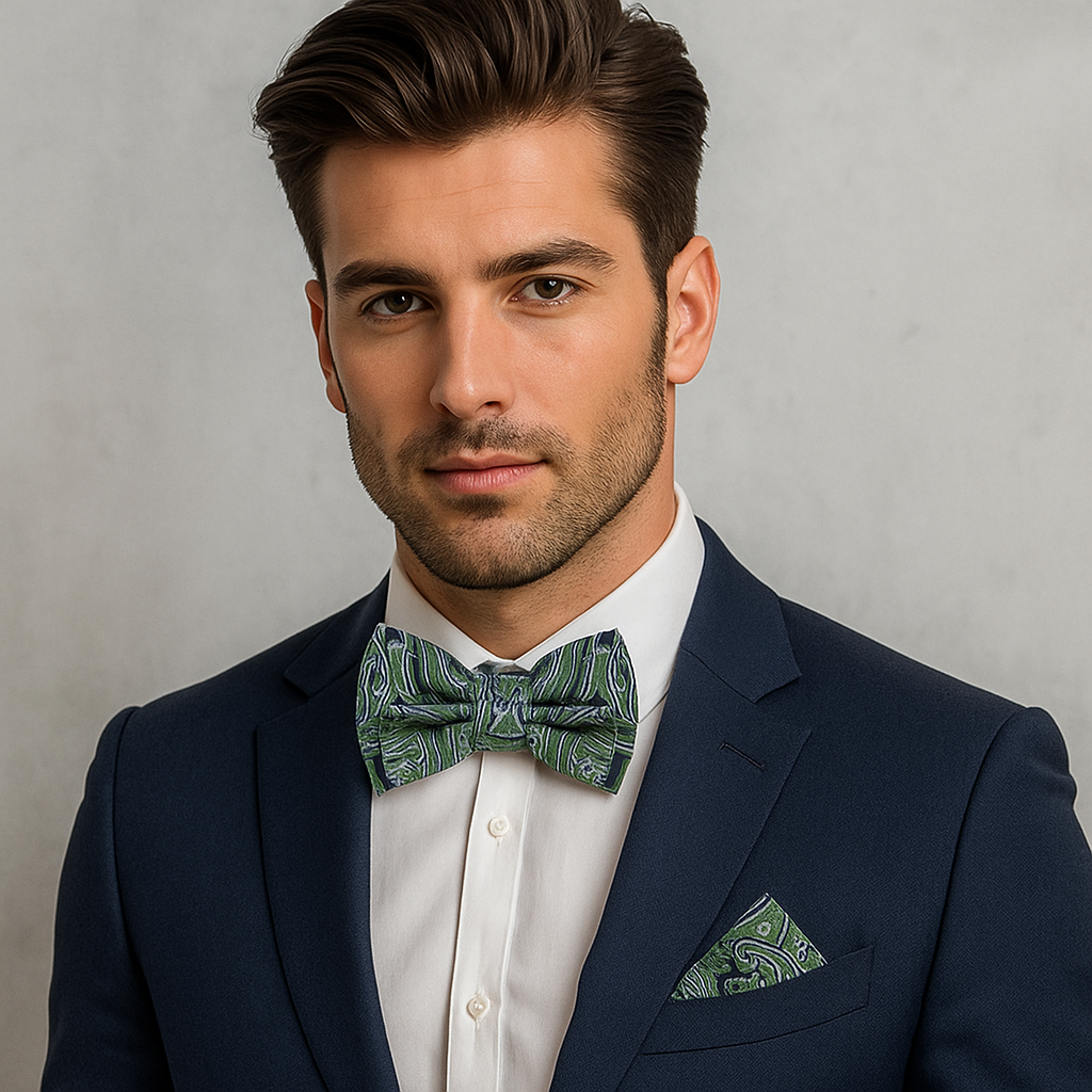 Man wearing a navy suit with a green paisley patterned bow tie and pocket square against a gray background