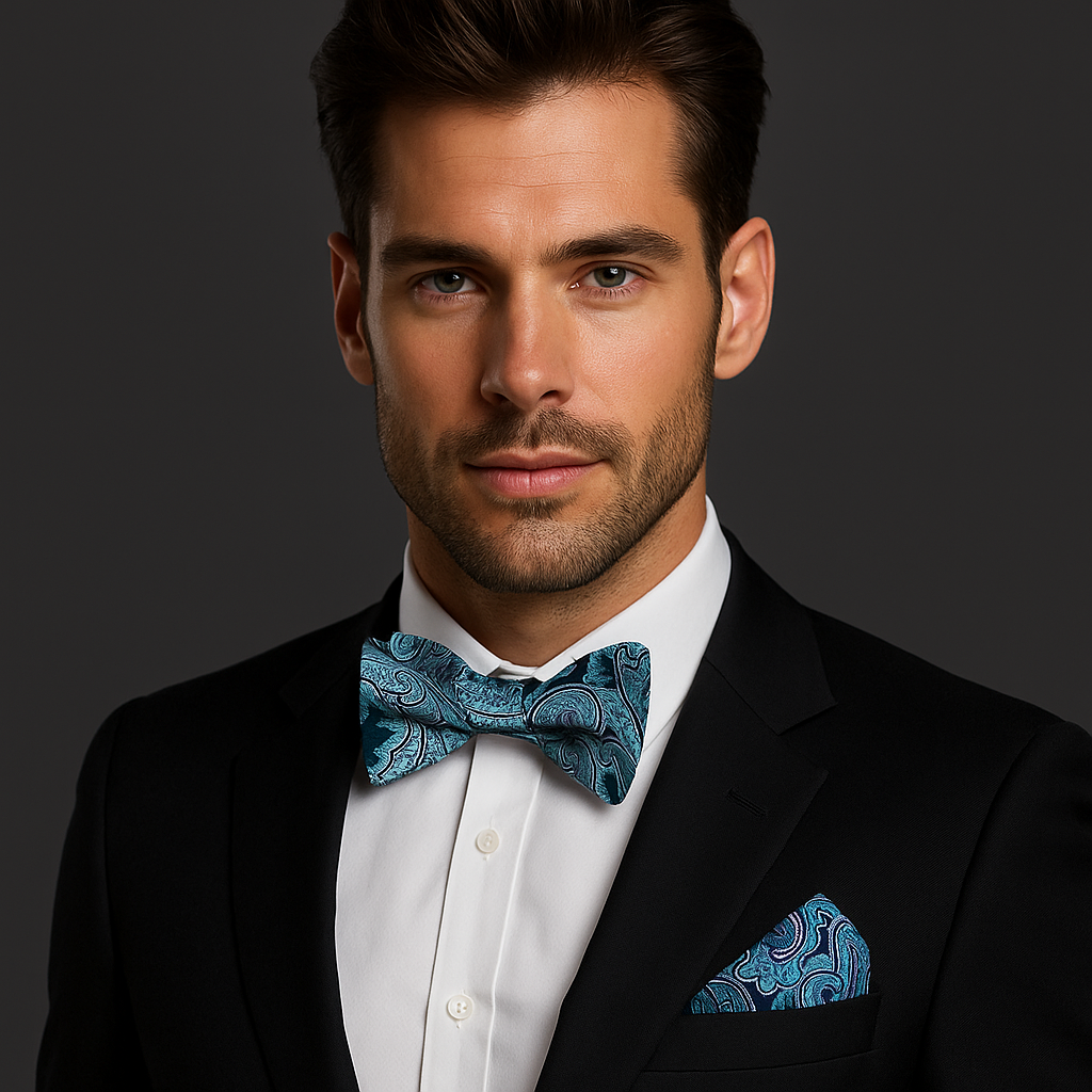 Man wearing a black suit with a white shirt and blue and teal bow tie and pocket square on a dark background