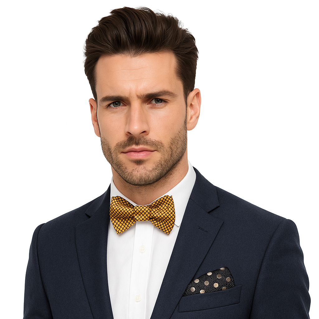 Man wearing a navy suit with a gold geometric bow tie and accenting black and gold polka square on a white background