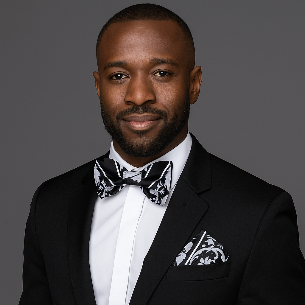 Man wearing a black suit with a white shirt and black and white floral and stripe bow tie on a gray background