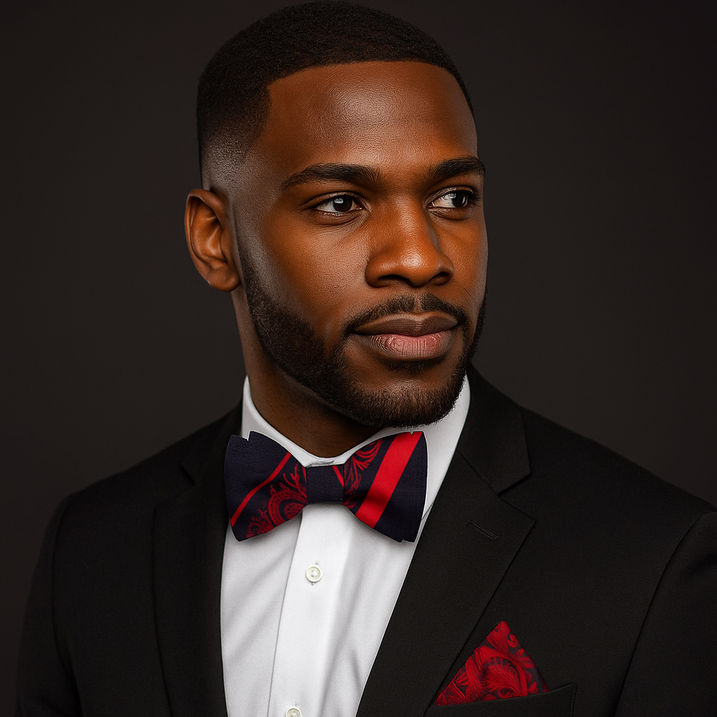 Man wearing a black suit with a red and black stripe and floral bow tie and pocket square on a dark background