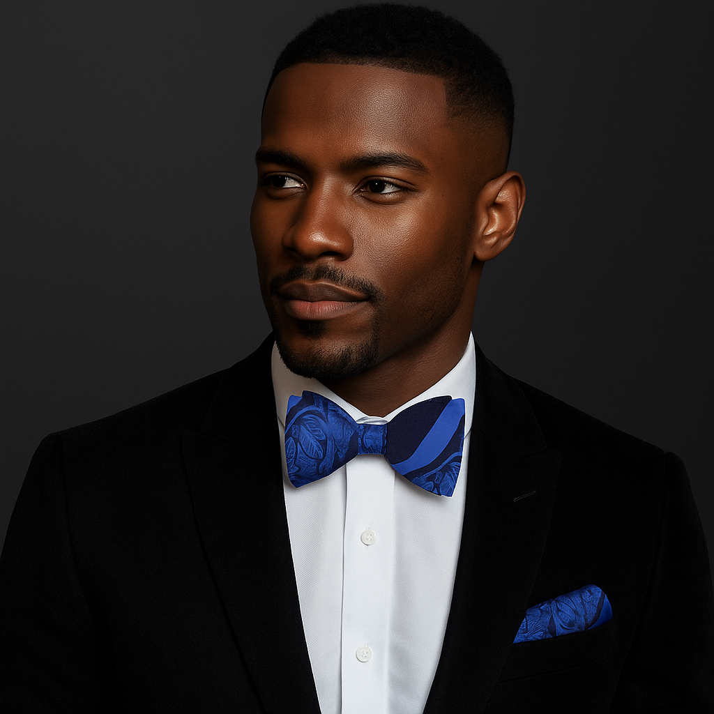 Man wearing a black suit with a blue floral and stripe bow tie and pocket square on a dark background