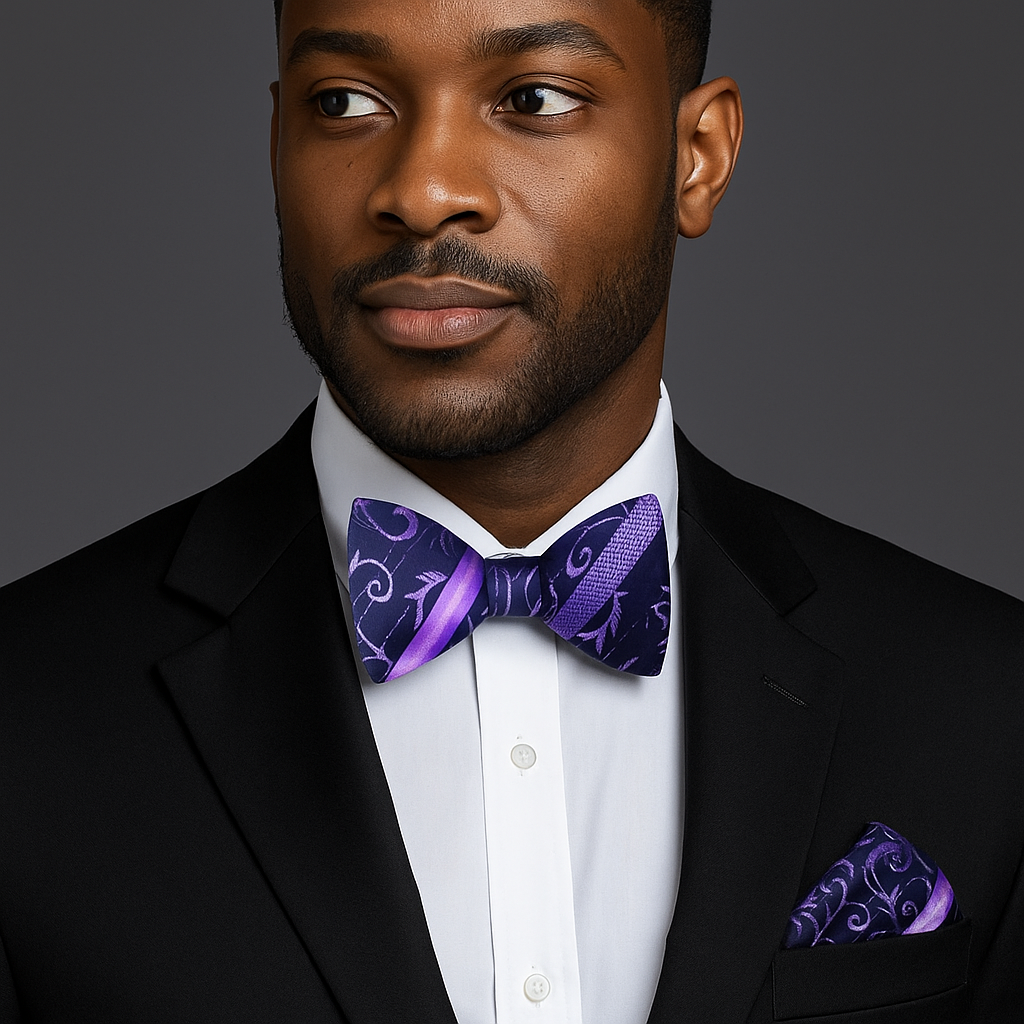 Man wearing a black suit with a white shirt and purple stripe and floral bow tie and pocket square on a gray background