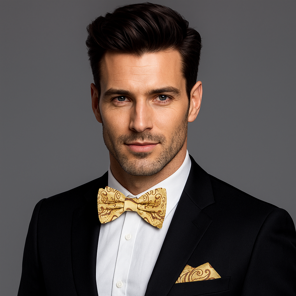 Man wearing a black suit and Shades of Yellow and Brown Paisley Bow Tie and Square