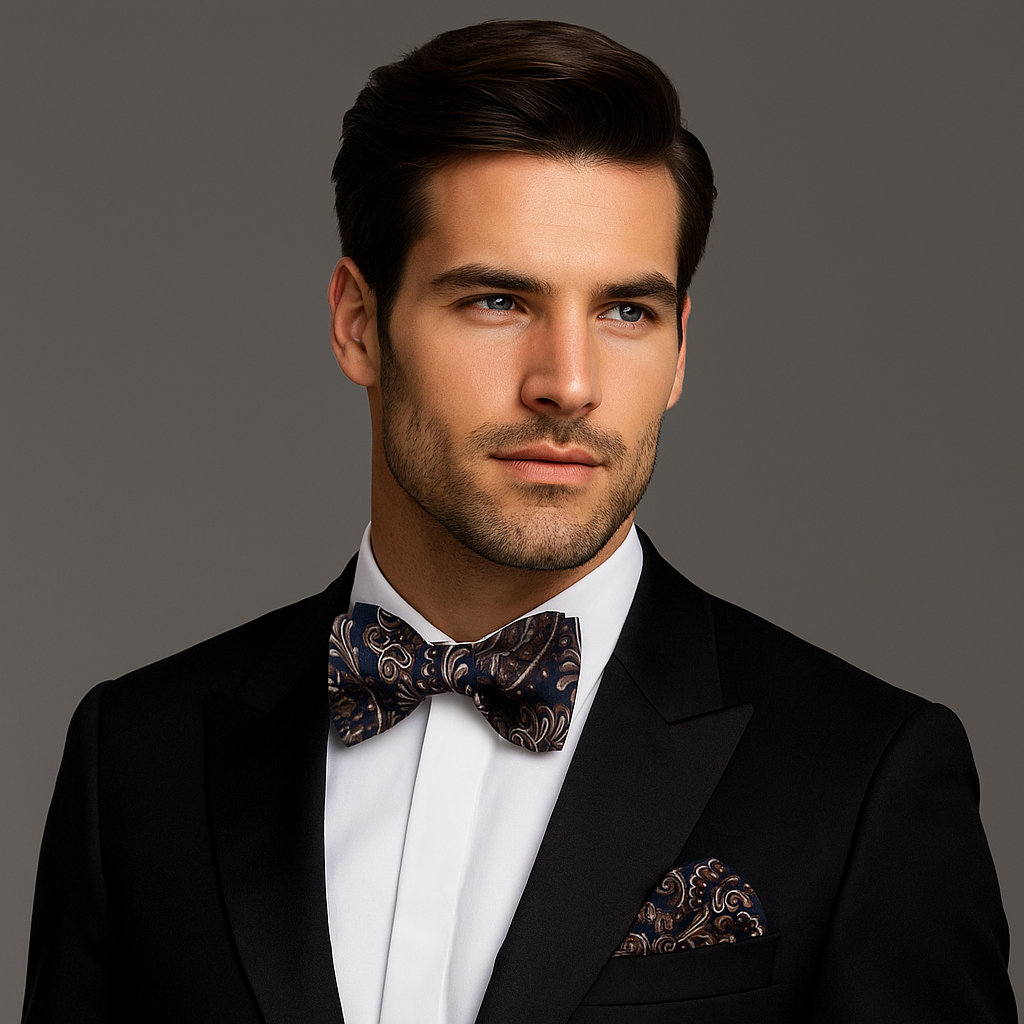 Man wearing a black tuxedo with a patterned dark blue and brown paisley bow tie and pocket square on a gray background