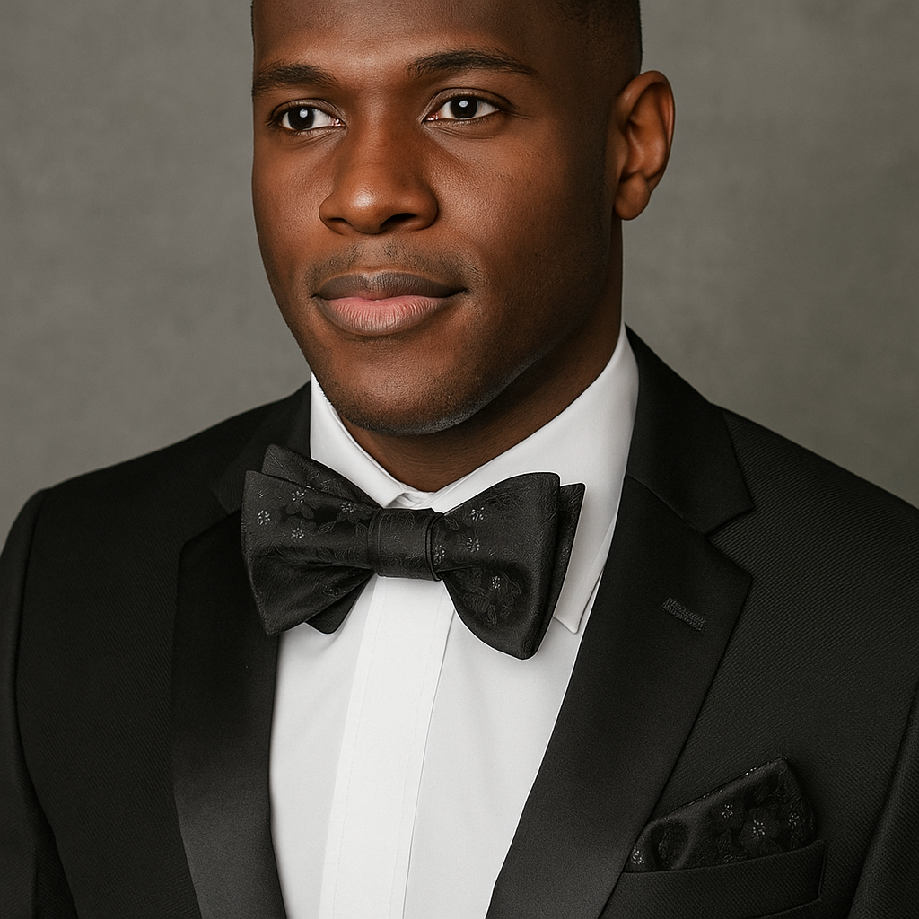 Man wearing a black tuxedo with a black and white floral bow tie against a gray background