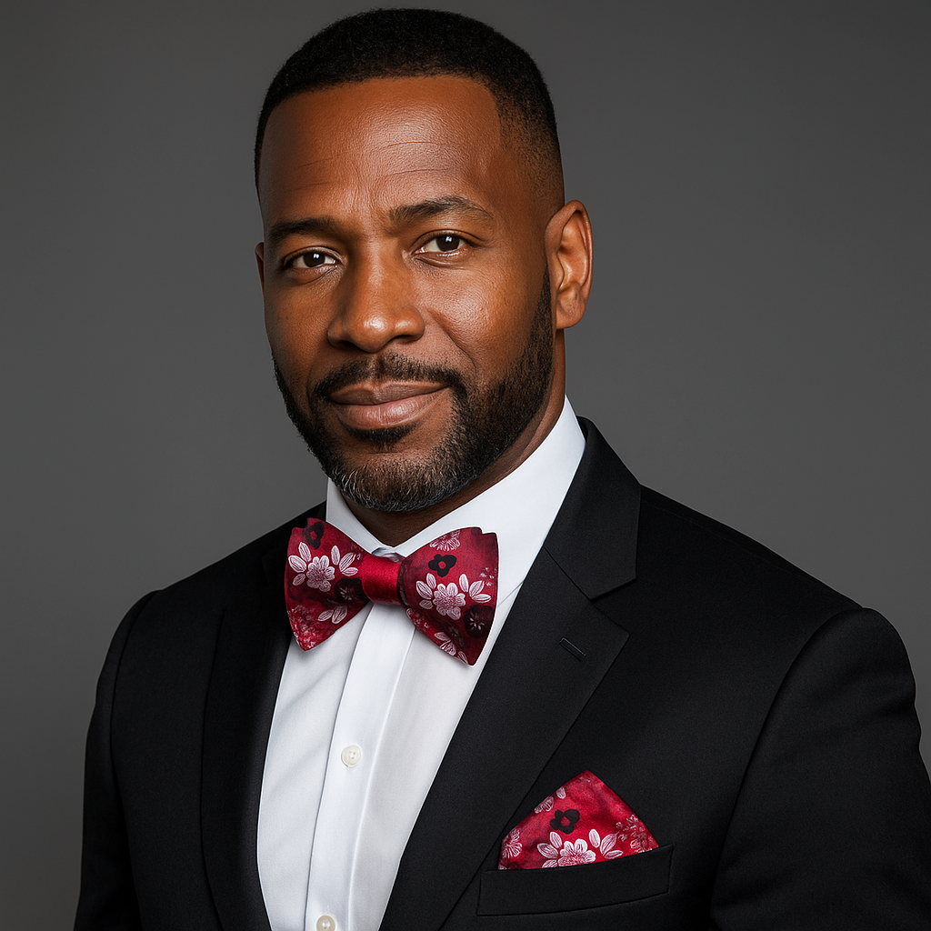 Man wearing a black suit with a red and black floral bow tie and pocket square on a gray background