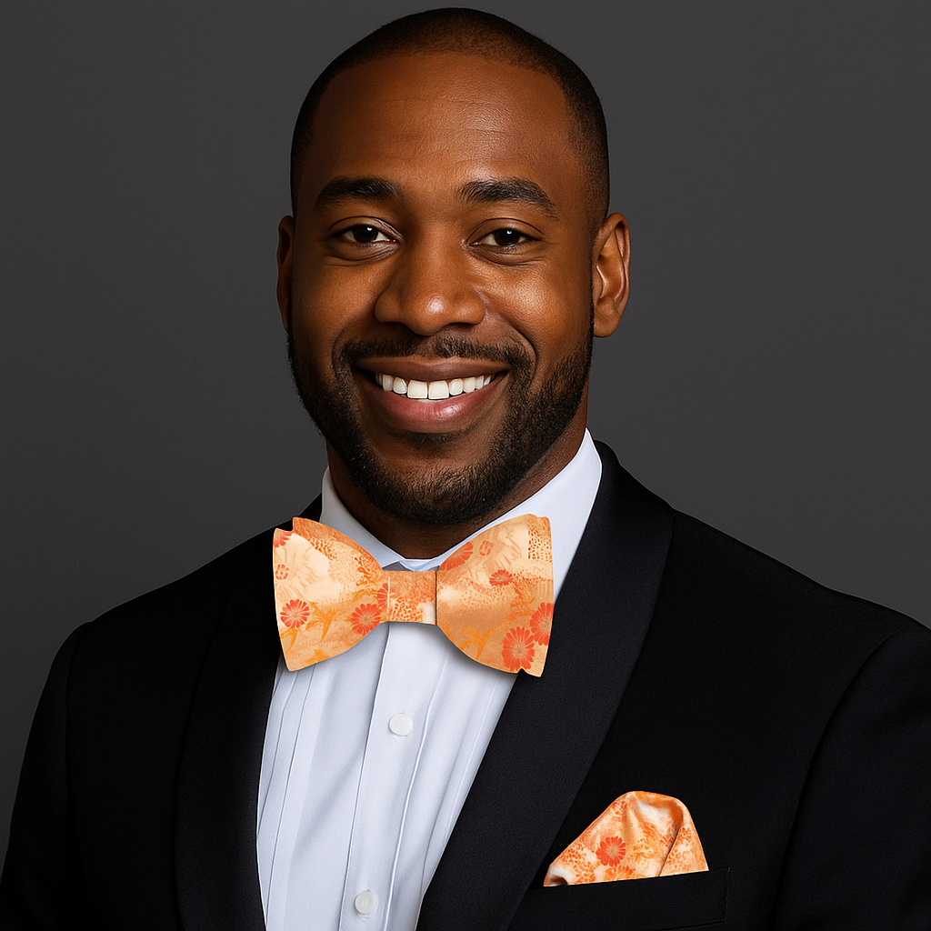 Man wearing a black suit with an orange floral bow tie and pocket square on a dark background