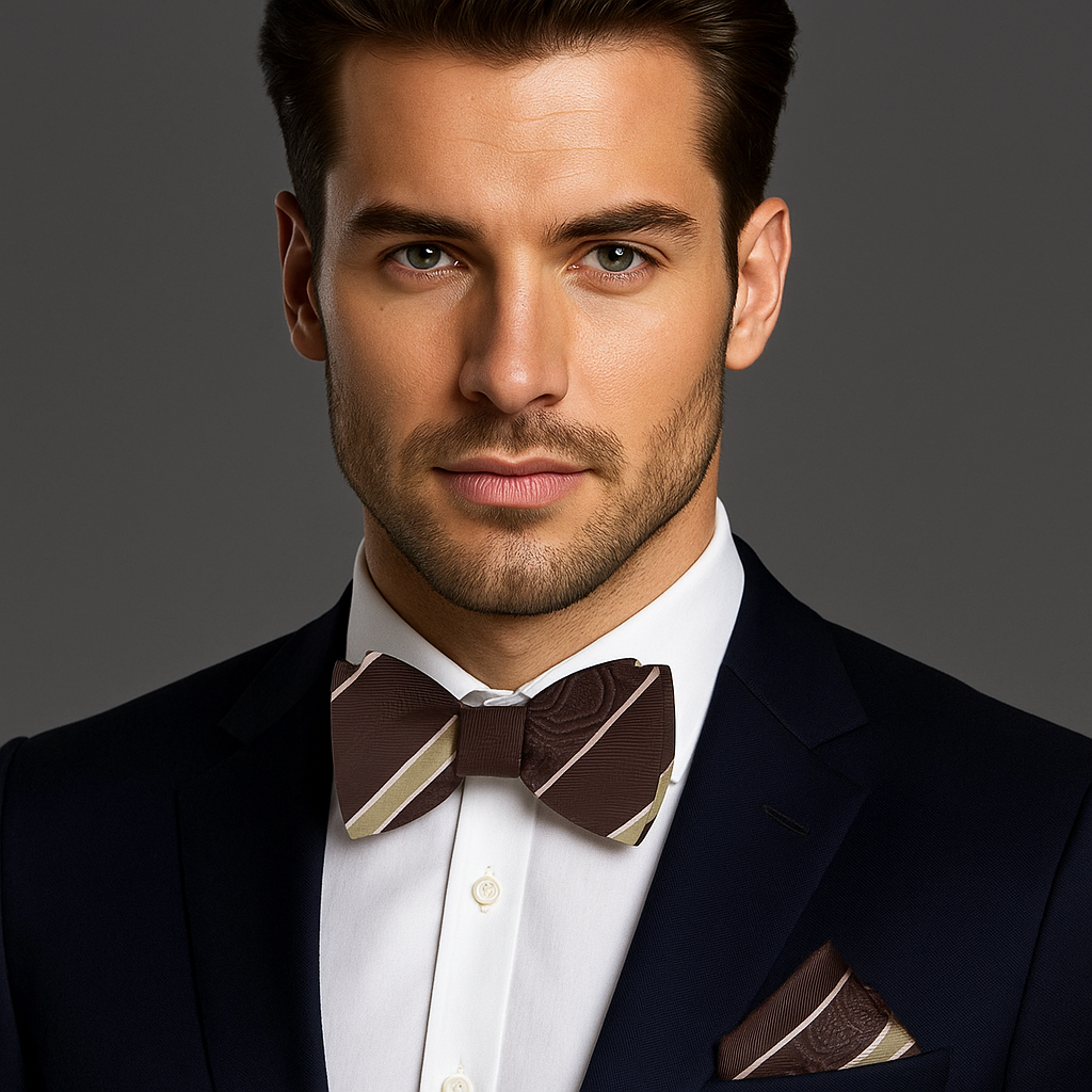 Man wearing a dark suit with a brown and gold stripe and paisley bow tie and pocket square on a gray background