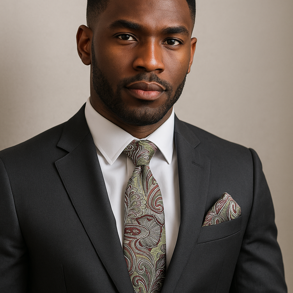 Man wearing a dark suit with a patterned green and burgundy paisley tie and pocket square against a neutral background