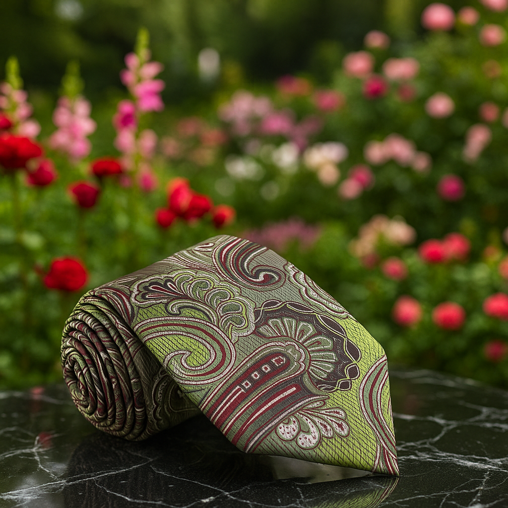 Rolled-up green and burgundy paisley tie on a dark surface with flowers in the background