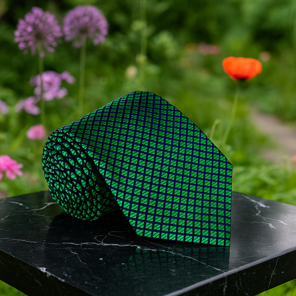 Green patterned tie on a black marble surface with flowers in the background