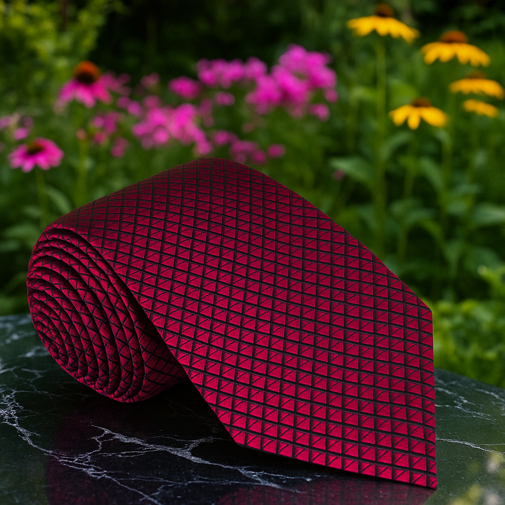 A Burgundy, Black Small Check Pattern Necktie 
