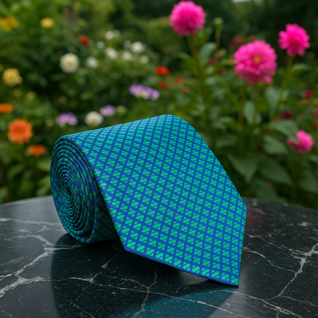 A Teal, Blue Small Check Pattern Necktie 