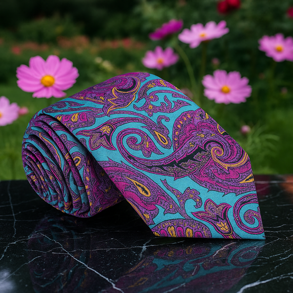 A Teal, Purple Intricate Paisley Pattern Necktie
