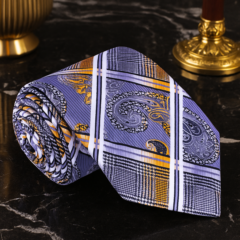 Main: An Orange, Black, White, Grey Silk Paisley Self Tie Necktie  