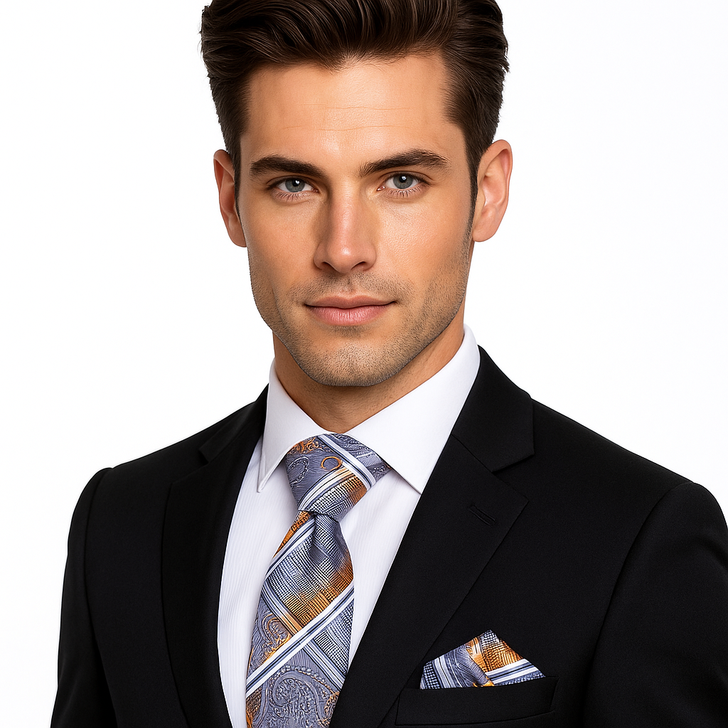 Man wearing a black suit with a patterned tie and pocket square on a white background