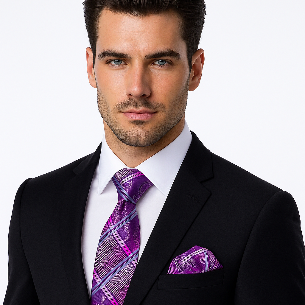 Man wearing a black suit with a purple paisley tie and pocket square on a white background