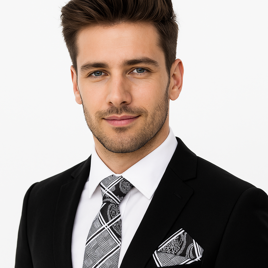 Man wearing a black suit with a patterned silver and black paisley tie and pocket square on a white background