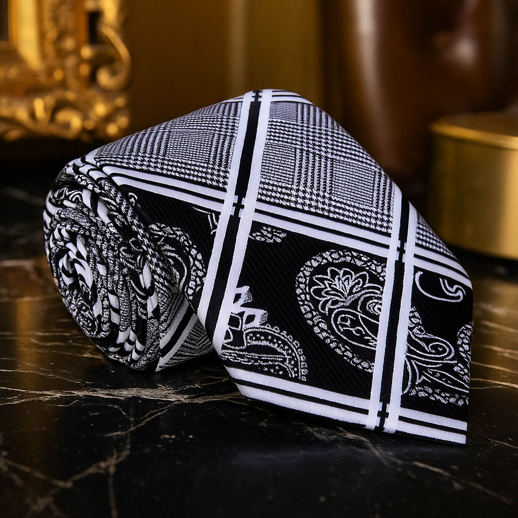 A Black, Grey, White Paisley Self Tie Necktie