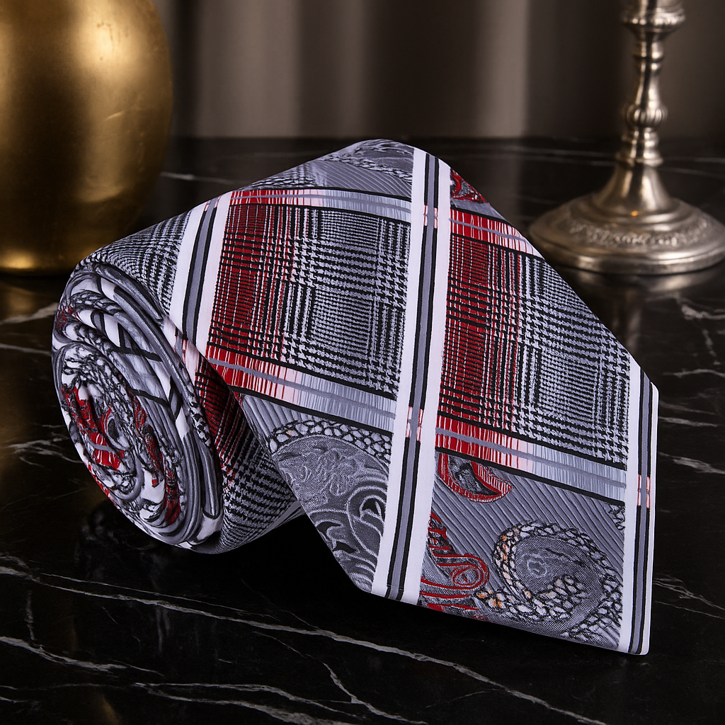 A Red, Black, White, Grey Paisley Self Tie Necktie  