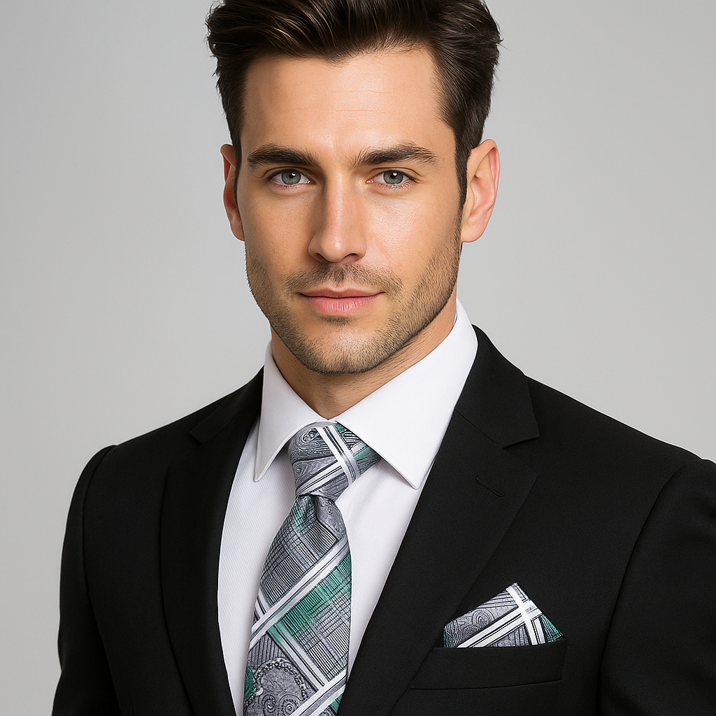 Man wearing black suit with silver and green paisley necktie and square