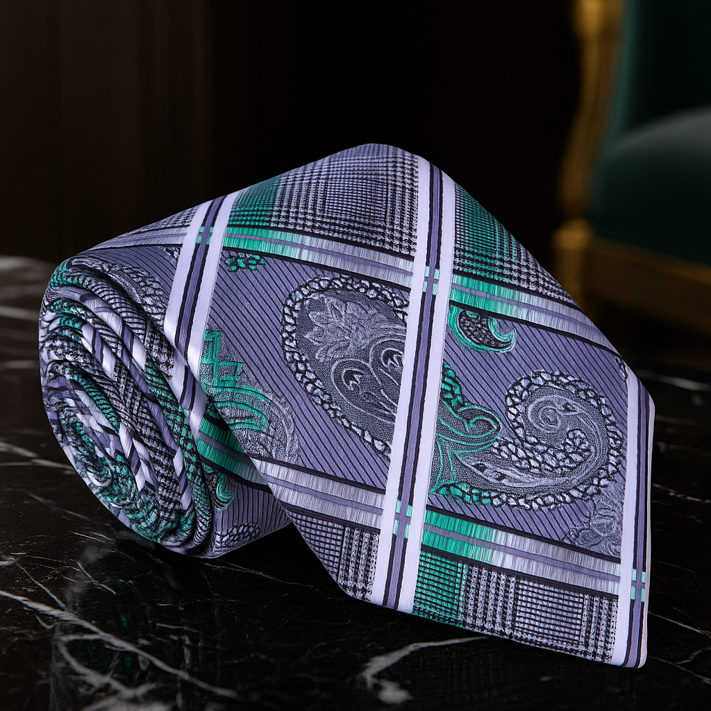 Roll of patterned tie with green and paisley design on a dark surface