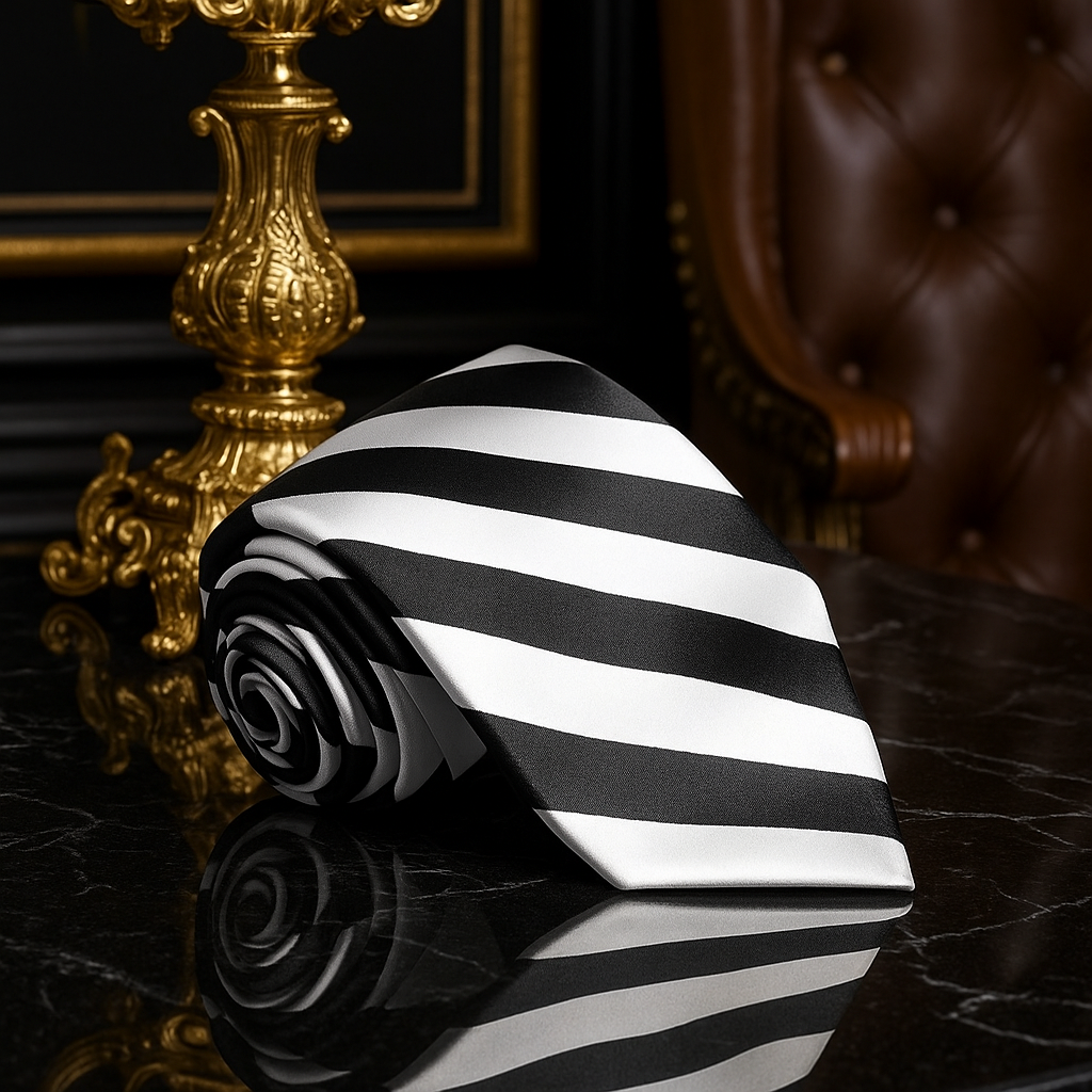 Black and white striped tie on a reflective surface with ornate gold lamp and leather chair in the background