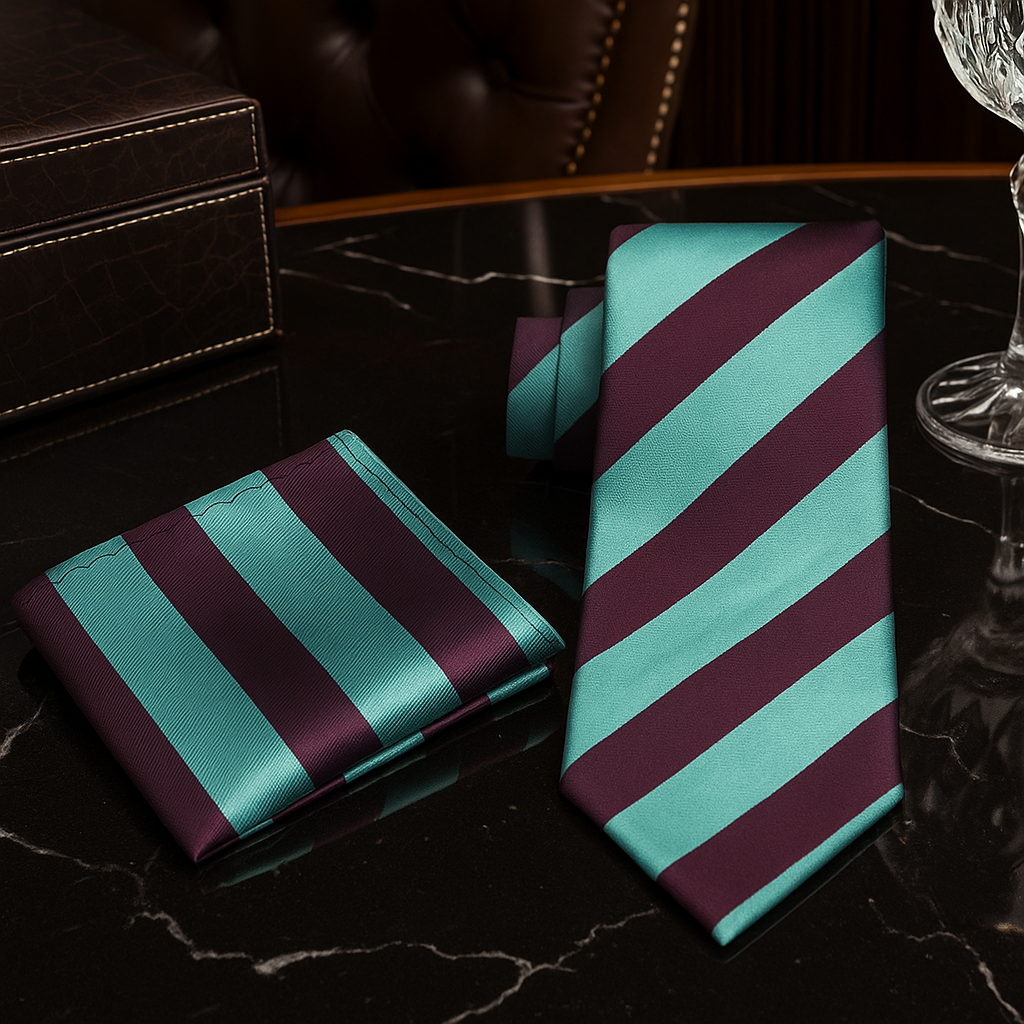 alt view on black marble table:  green and brown striped tie and square
