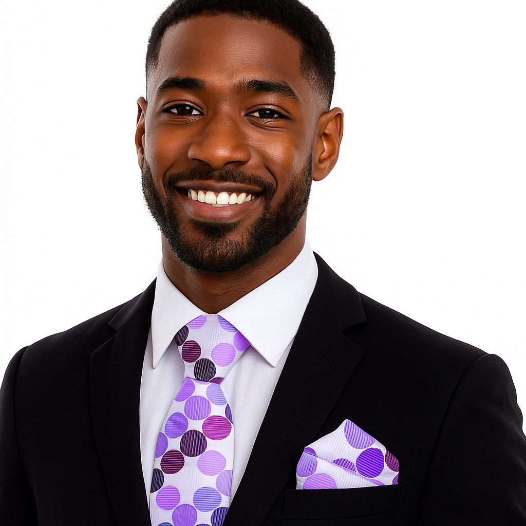 Man wearing a black suit with a purple polka dot tie and pocket square on a white background