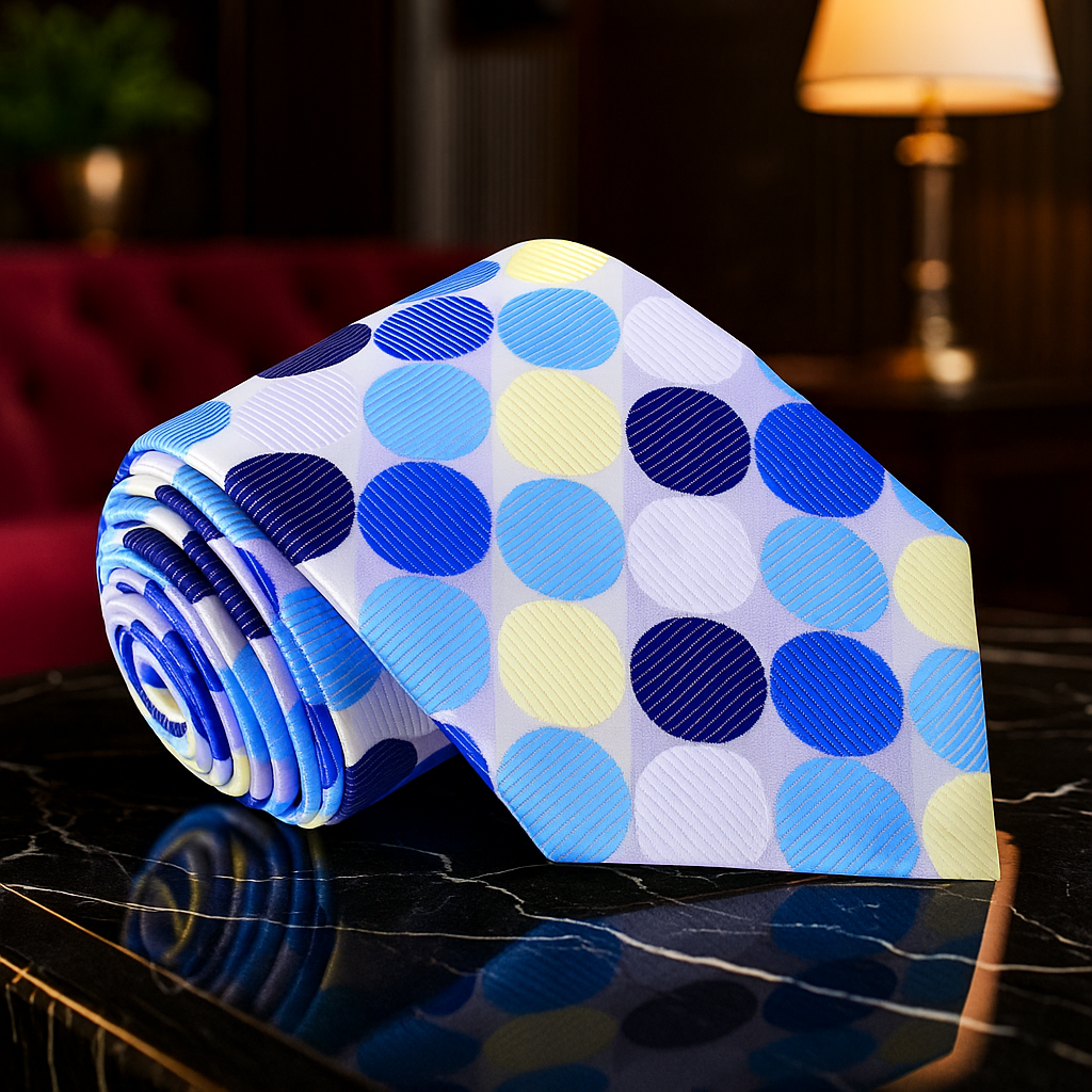 A White, Dark Blue, Blue Large Polka Dot Pattern Silk Necktie