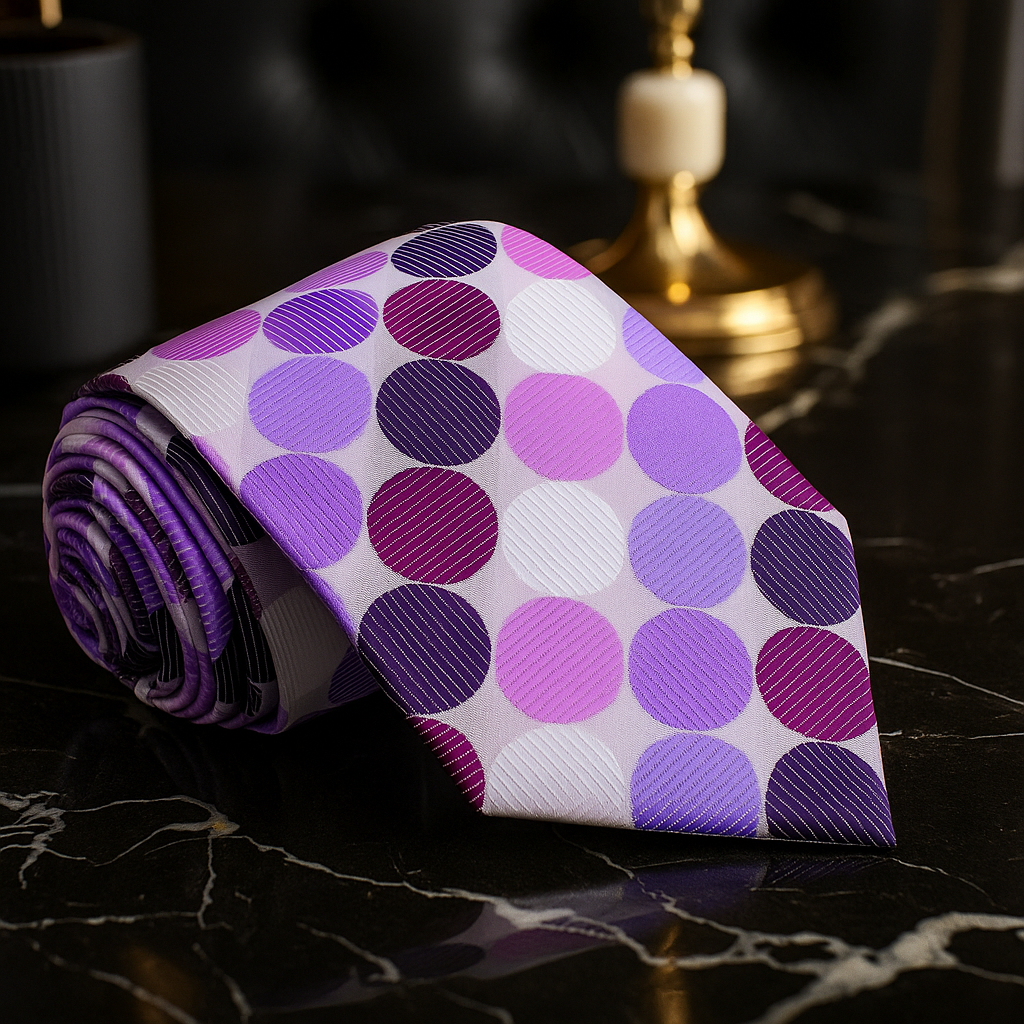 Rolled-up purple and pink polka dot tie on a dark surface