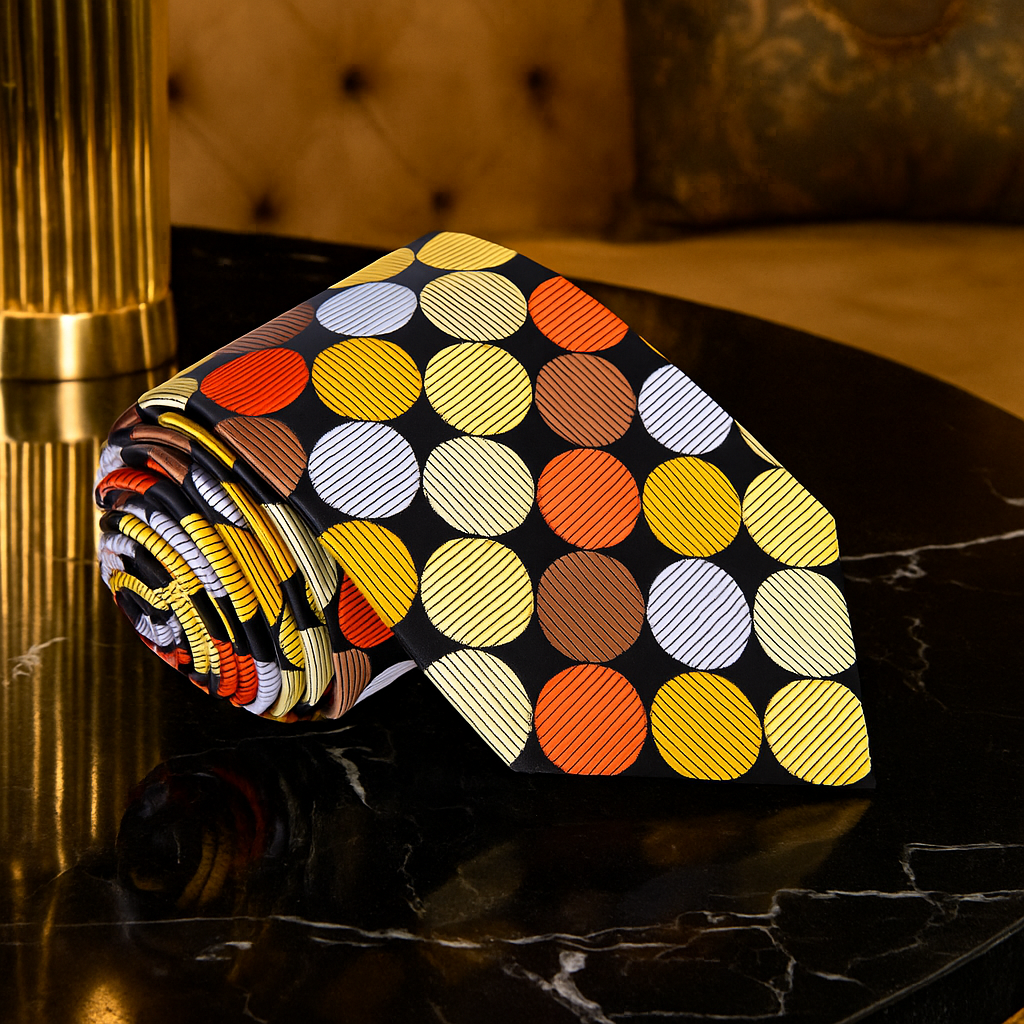 Colorful black, gold and orange polka patterned box on a reflective surface with a blurred background