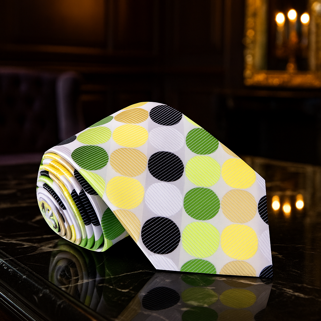 Colorful White, Green and Yellow polka dot tie on a reflective surface with a blurred background