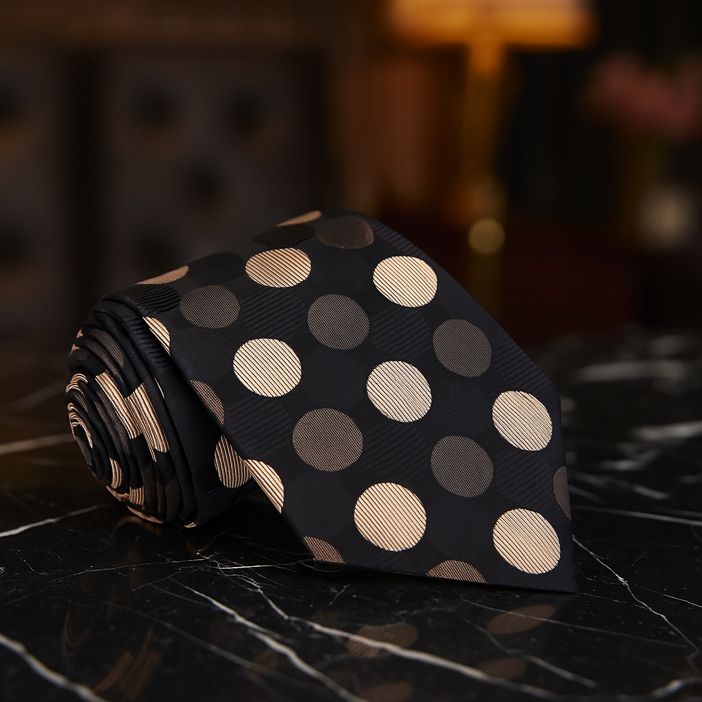 Black tie with beige and gold polka dots on a dark surface