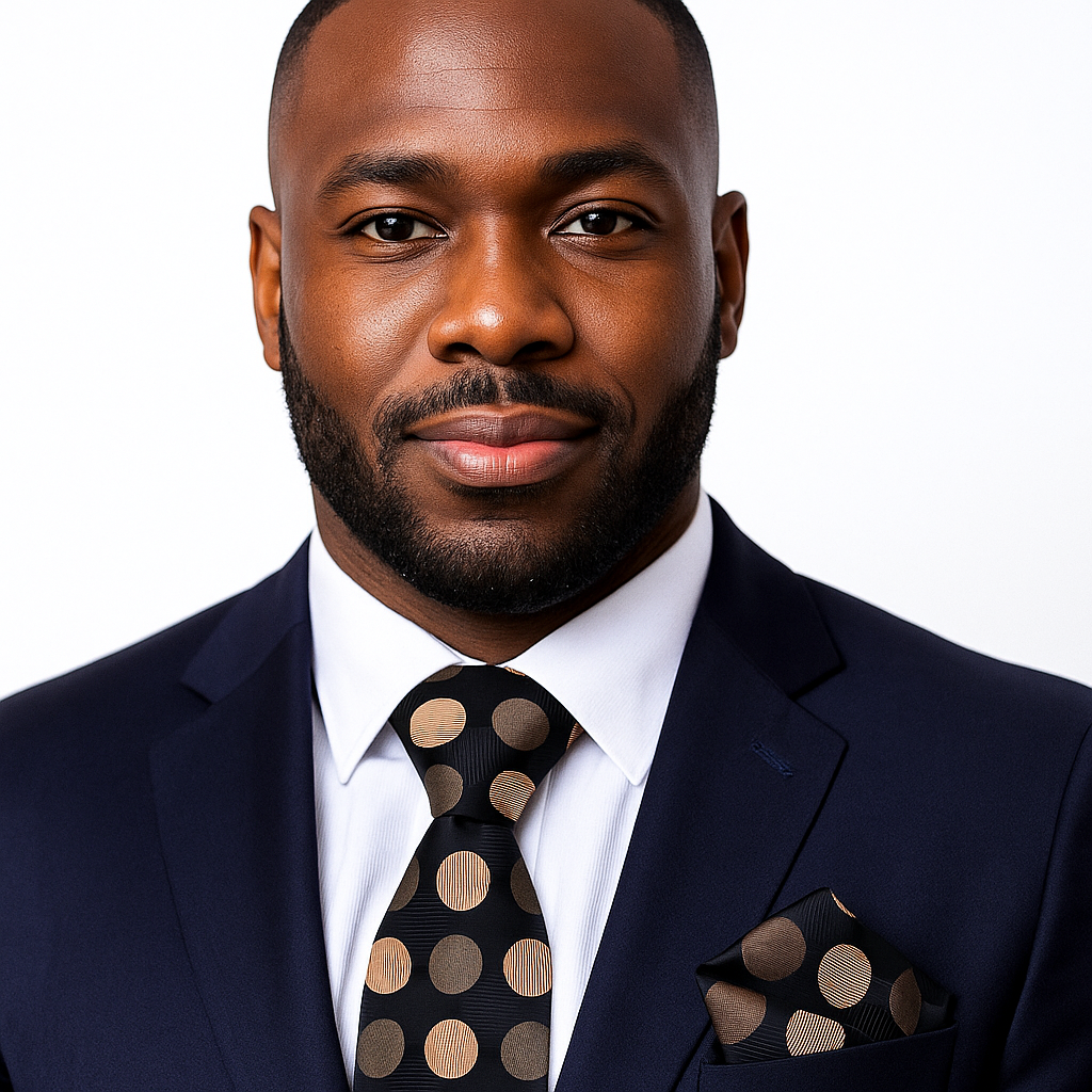 Man wearing a navy suit with a black and gold polka dot tie and pocket square on a white background