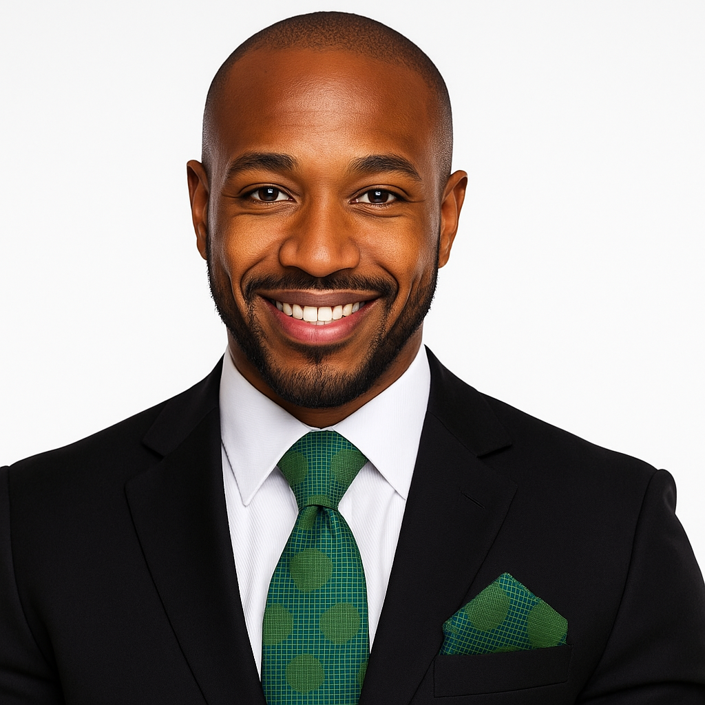 Man wearing a black suit with a green polka tie and pocket square on a white background