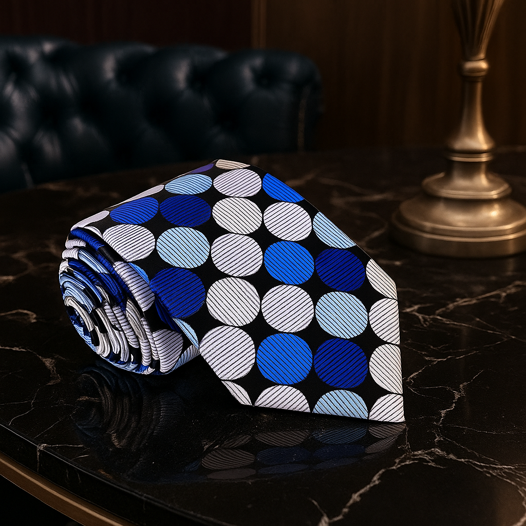 A Black, Grey, Blue, Dark Blue Large Polka Dot Pattern Silk Necktie||Black, Dark Blue, Silver