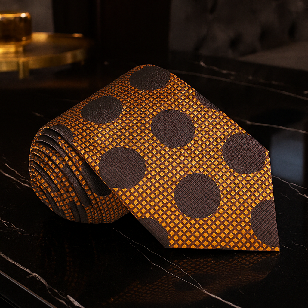 Copper and Brown Polka dot tie with on a dark background