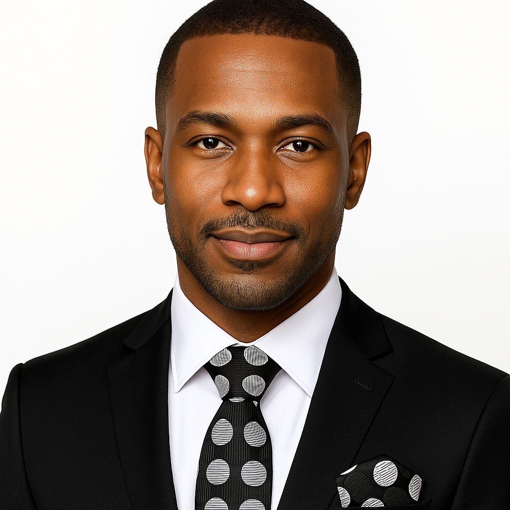 Man wearing a black suit with a white shirt and black and silver polka dot tie on a white background