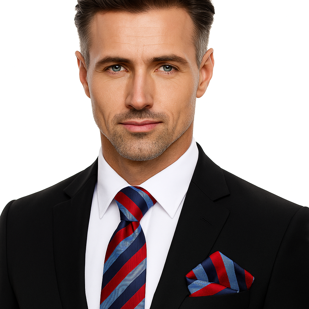 Man wearing a black suit with a red and blue striped tie and pocket square on a white background