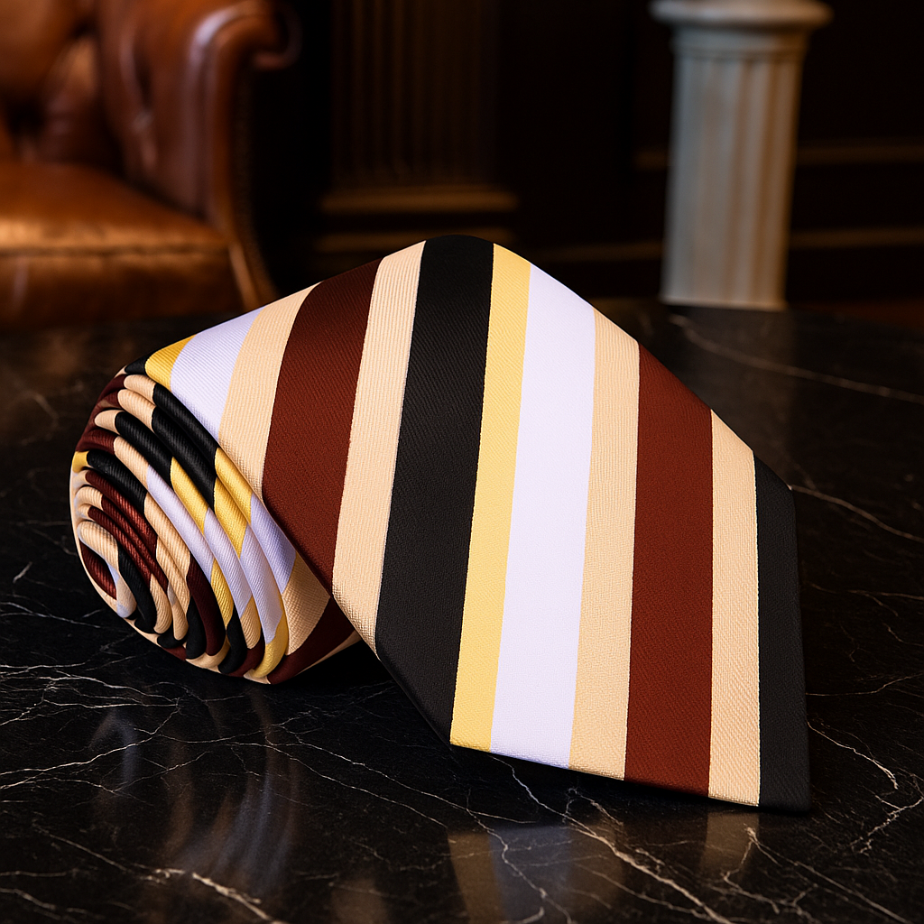 Folded shades of brown striped tie on a dark surface with a blurred background