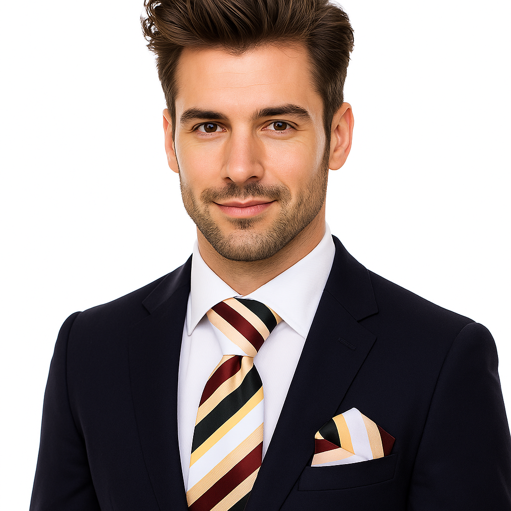 Man wearing a dark suit with a brown striped tie and pocket square on a white background