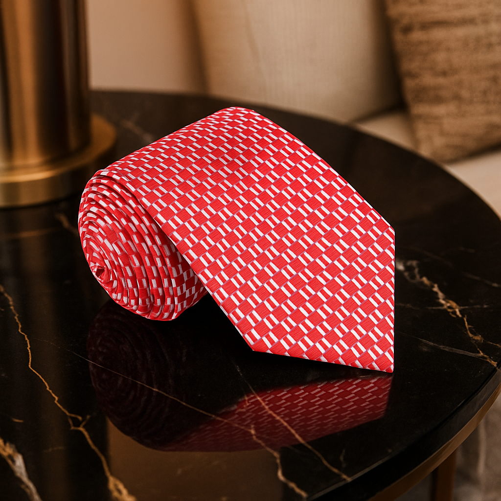 A red necktie with a white geometric pattern, rolled and displayed on a black marble table.