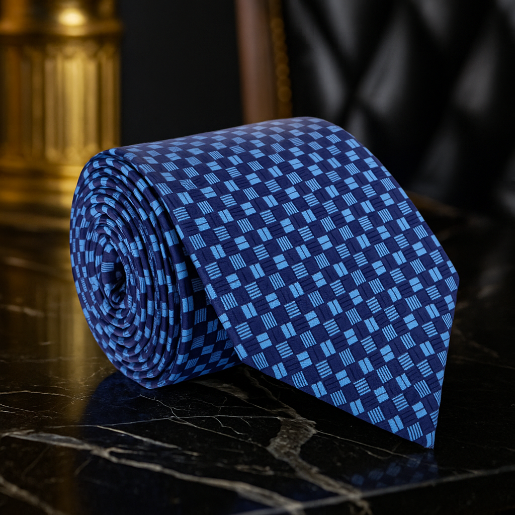 Rolled-up blue patterned tie on a dark surface