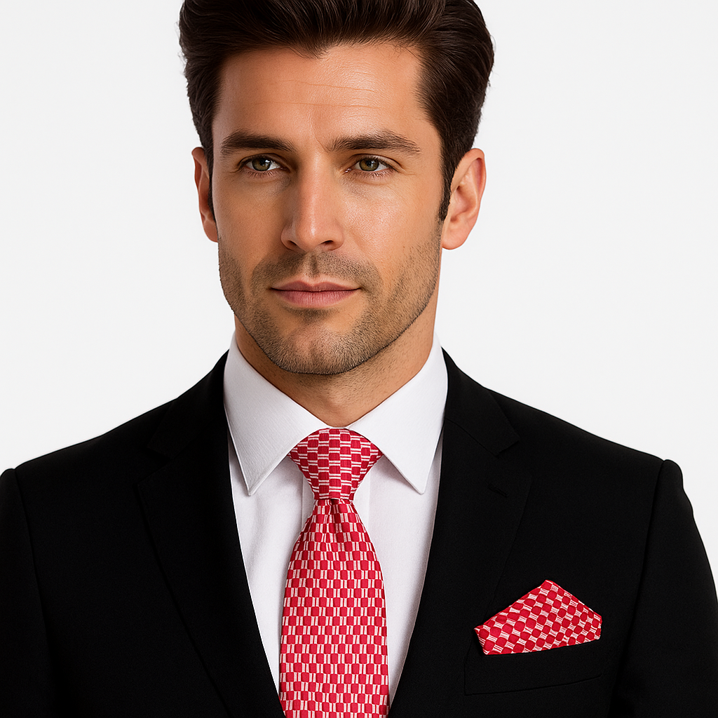 Man wearing a black suit with a red patterned tie and pocket square on a white background