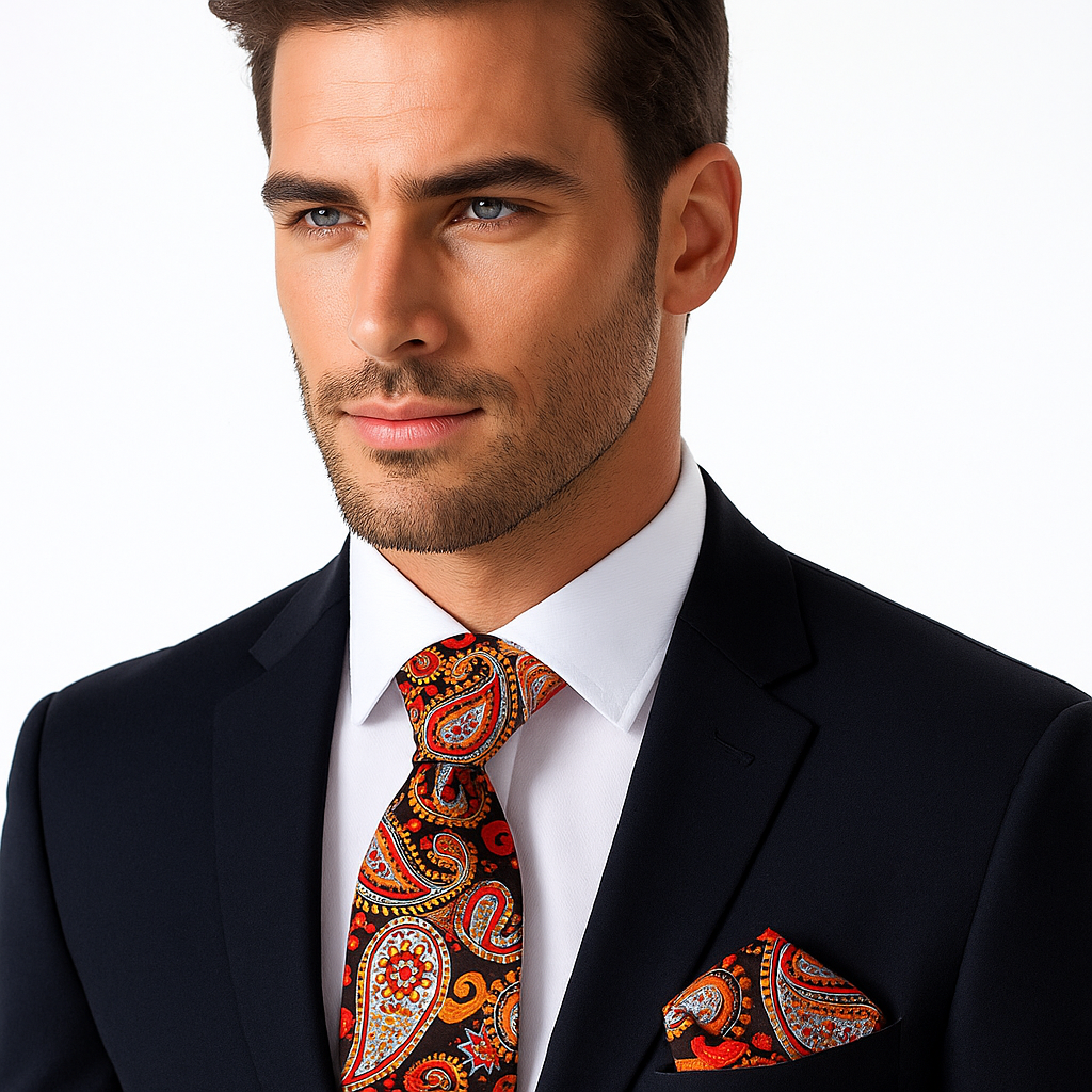 Man wearing a dark suit with a orange and brown paisley patterned tie and pocket square on a white background