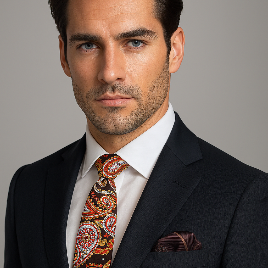 Man wearing Orange and Brown Paisley Tie and Accenting Brown Stripe Square